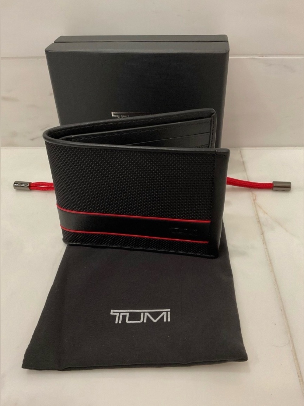 Tumi ALPHA Ballistic Nylon & Leather Global Double Billfold Wallet - BLACK & RED